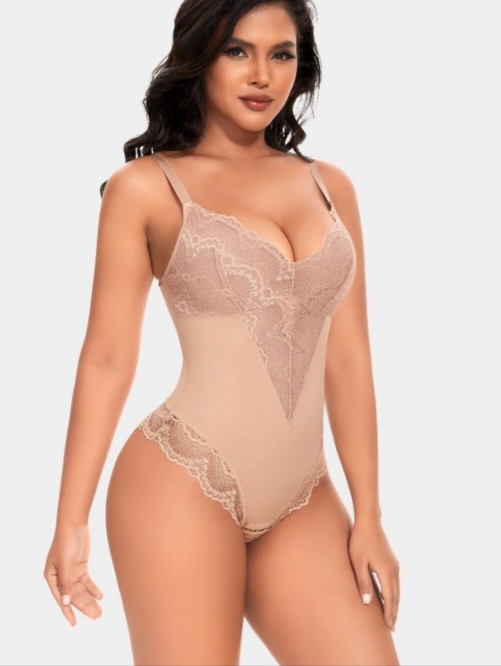Werena Tan V-Neck Lace Trim Shapewear Compression Thong Bodysuit S NWT